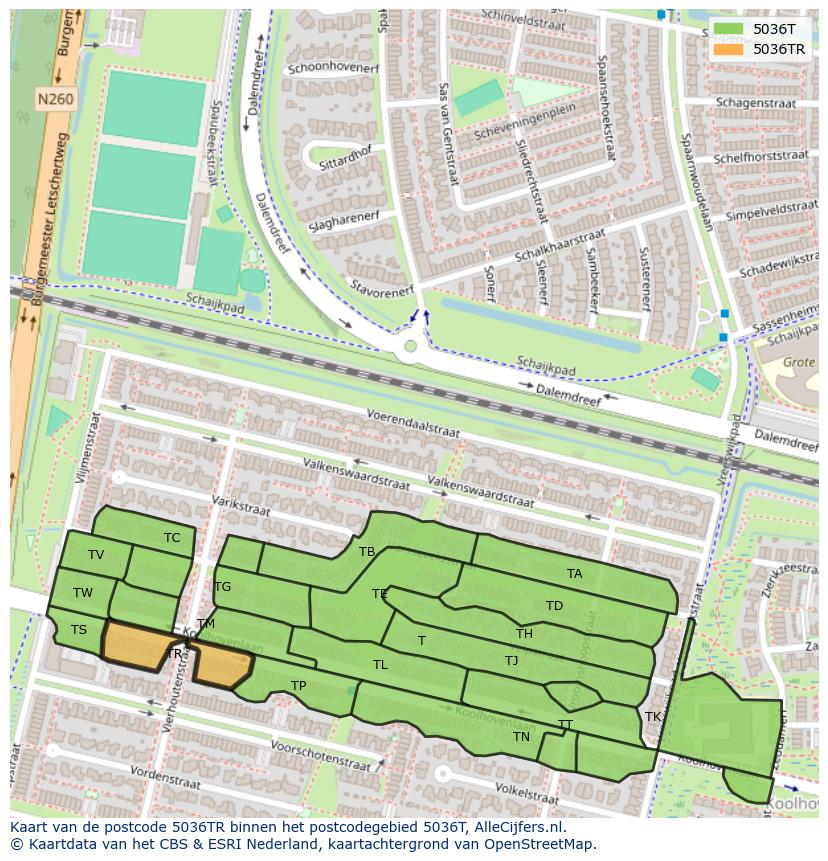 Afbeelding van het postcodegebied 5036 TR op de kaart.