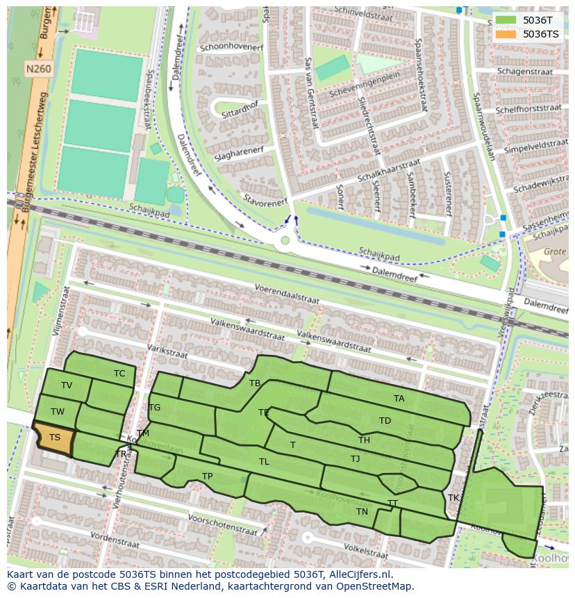 Afbeelding van het postcodegebied 5036 TS op de kaart.