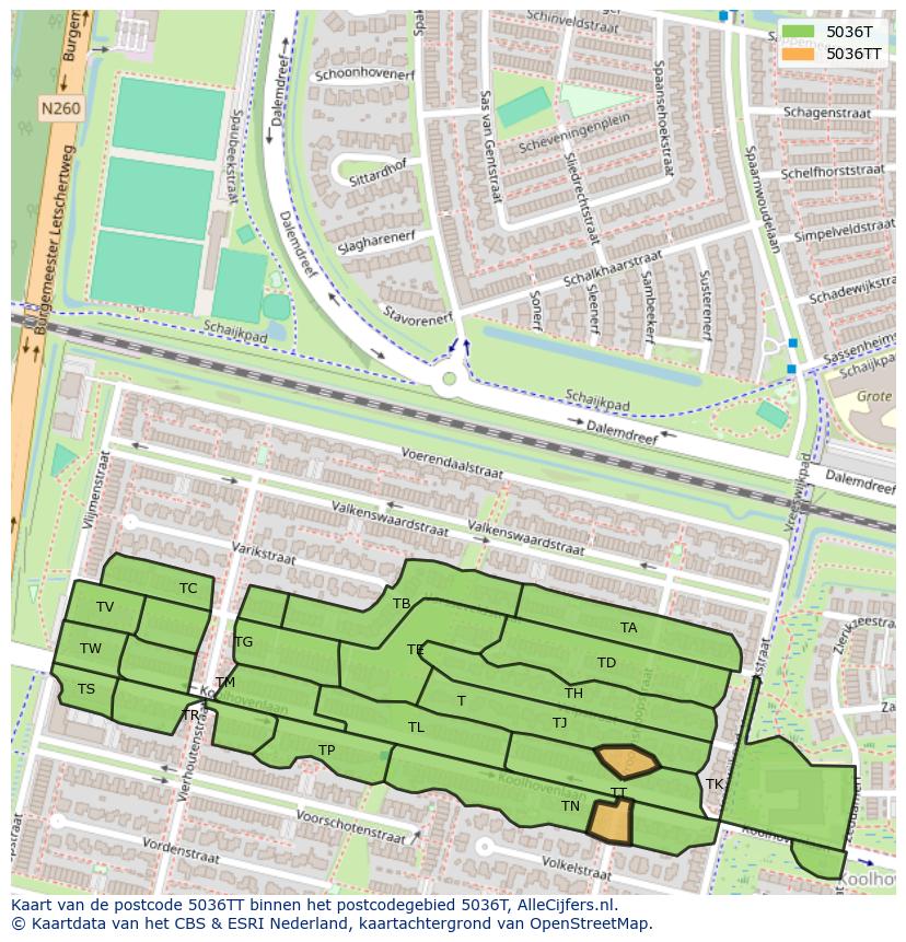 Afbeelding van het postcodegebied 5036 TT op de kaart.