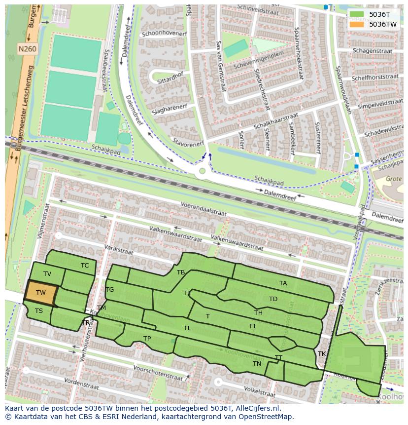 Afbeelding van het postcodegebied 5036 TW op de kaart.
