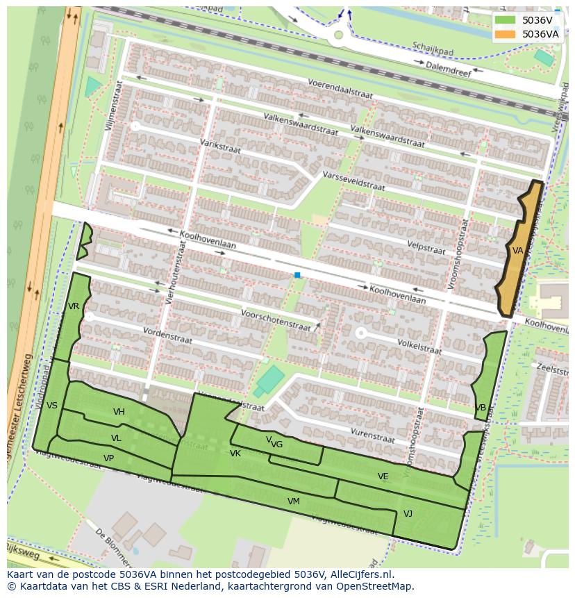 Afbeelding van het postcodegebied 5036 VA op de kaart.