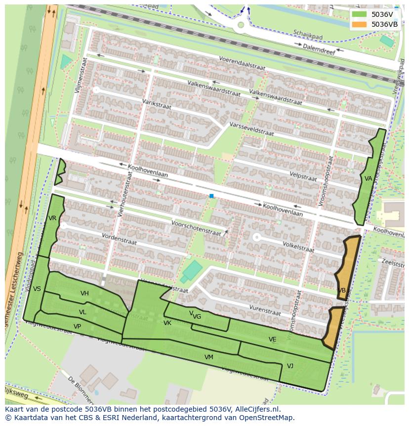 Afbeelding van het postcodegebied 5036 VB op de kaart.