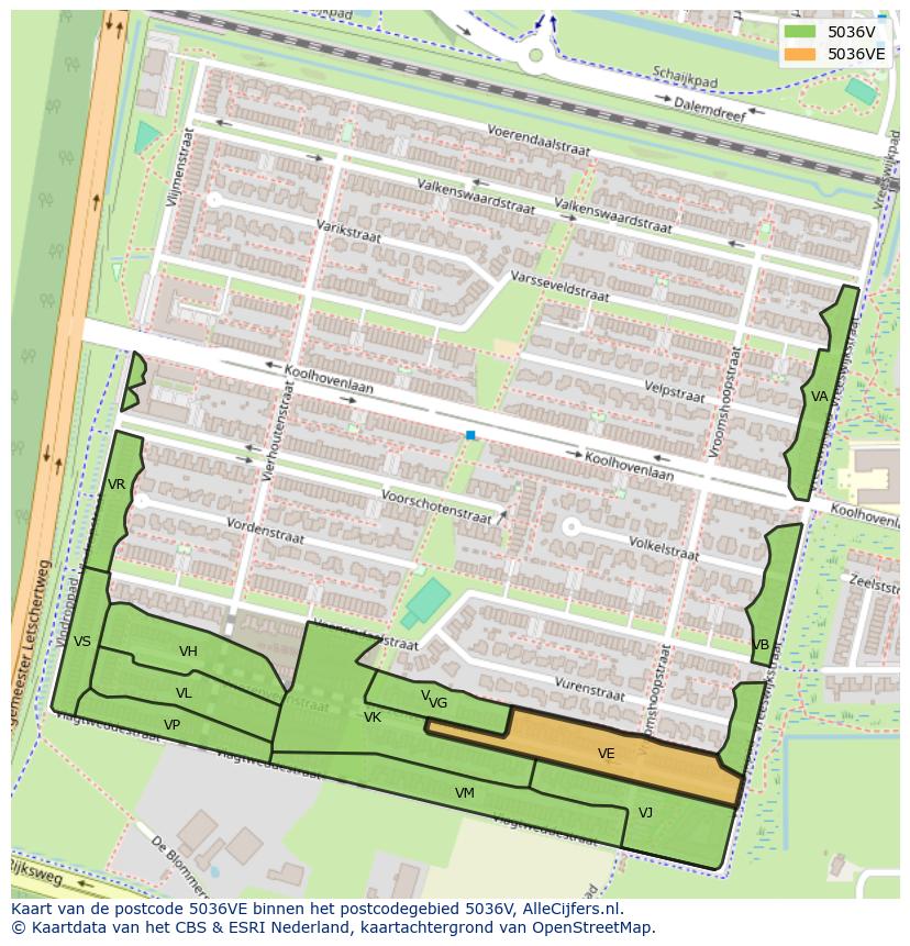 Afbeelding van het postcodegebied 5036 VE op de kaart.