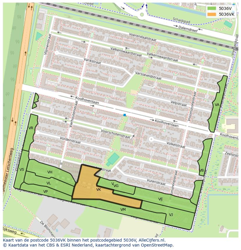 Afbeelding van het postcodegebied 5036 VK op de kaart.