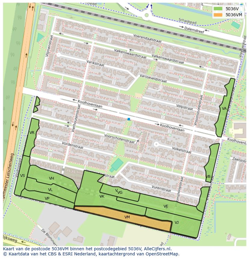 Afbeelding van het postcodegebied 5036 VM op de kaart.