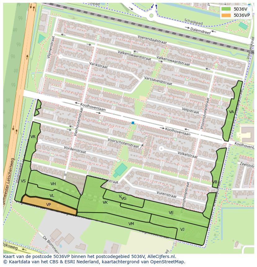 Afbeelding van het postcodegebied 5036 VP op de kaart.