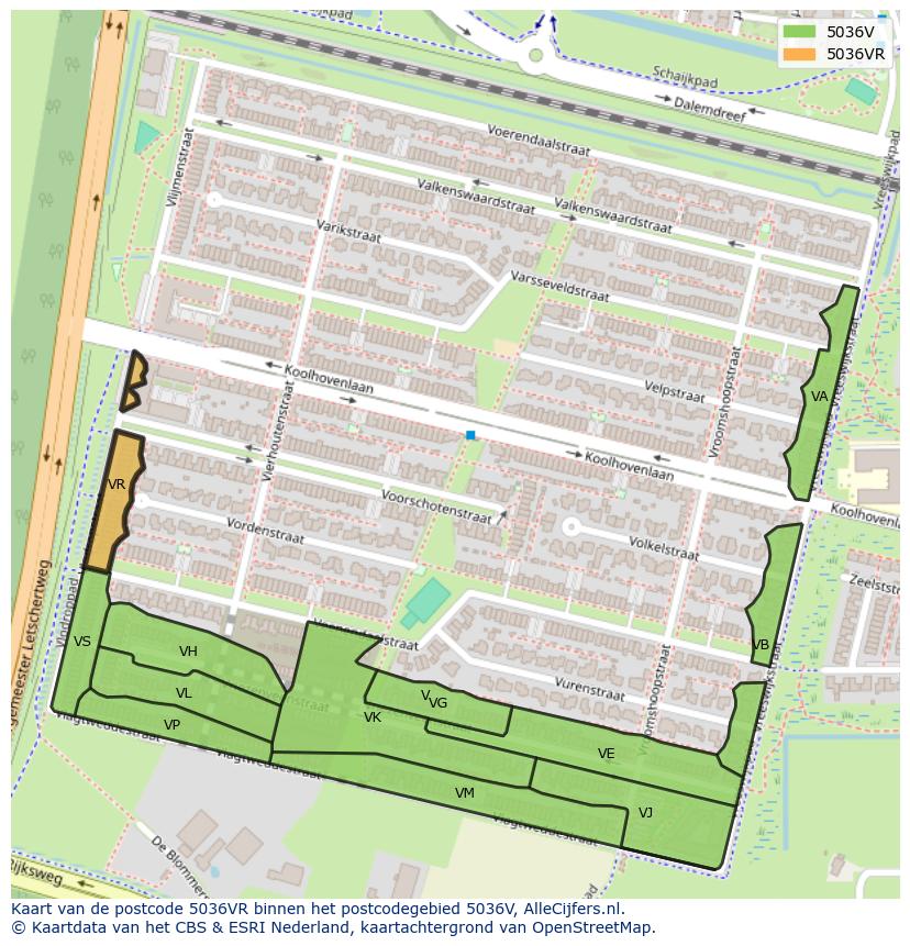 Afbeelding van het postcodegebied 5036 VR op de kaart.