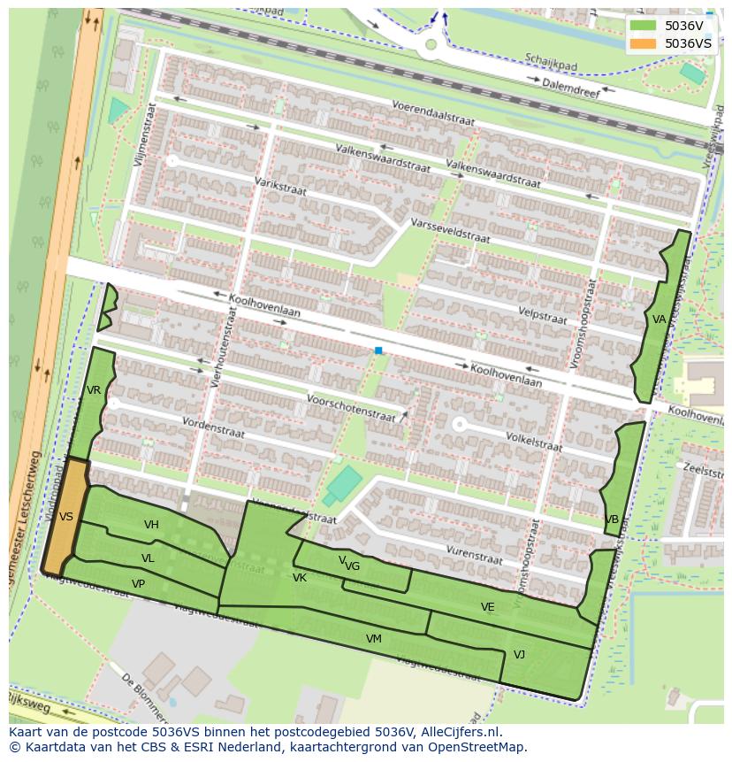 Afbeelding van het postcodegebied 5036 VS op de kaart.