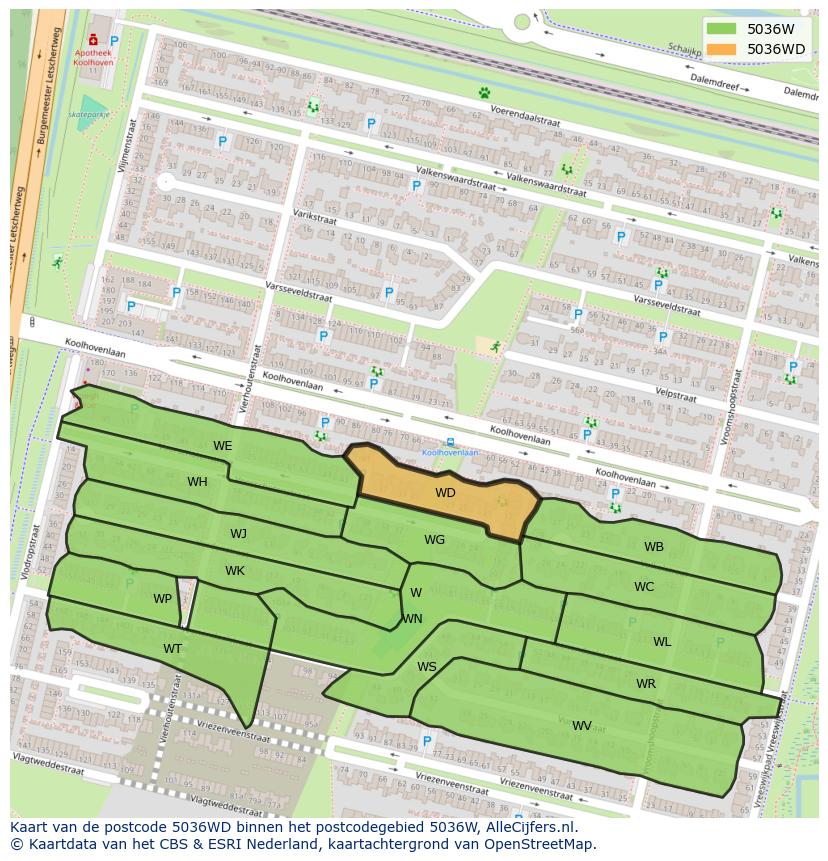 Afbeelding van het postcodegebied 5036 WD op de kaart.