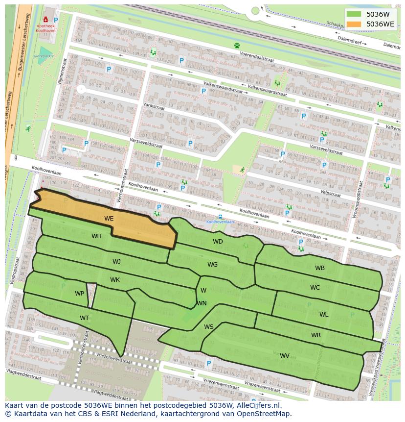 Afbeelding van het postcodegebied 5036 WE op de kaart.