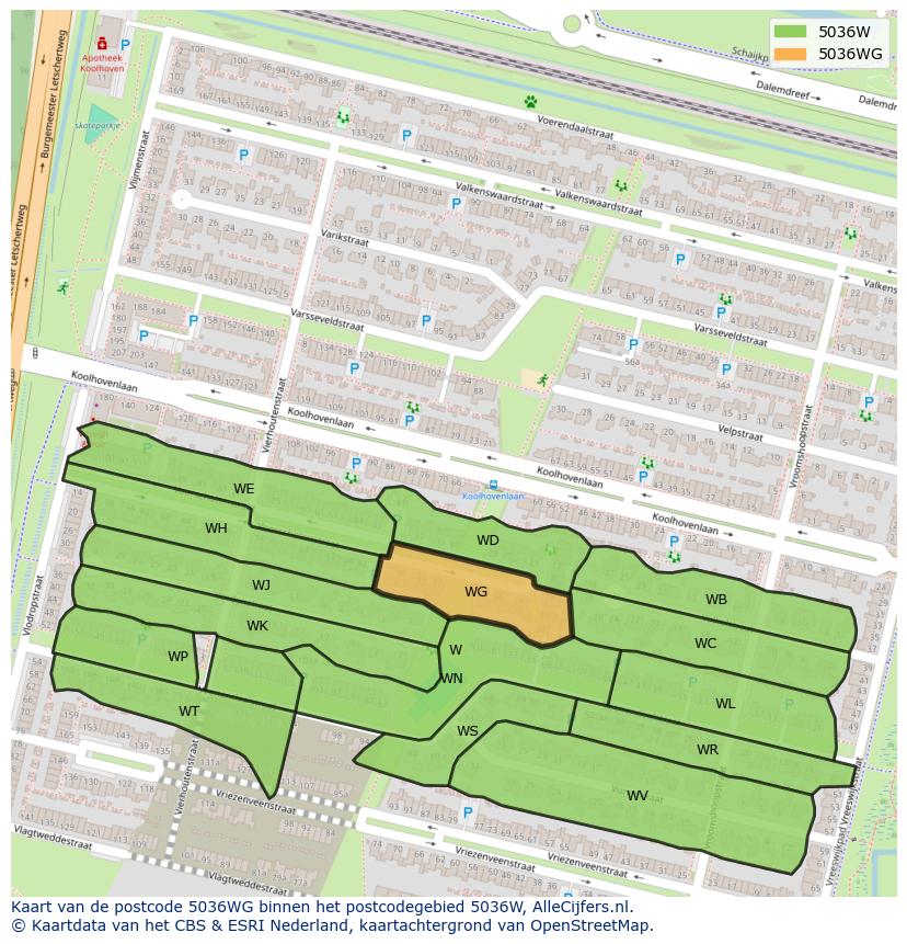 Afbeelding van het postcodegebied 5036 WG op de kaart.