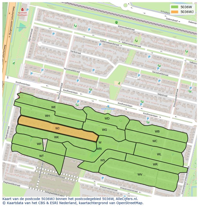 Afbeelding van het postcodegebied 5036 WJ op de kaart.