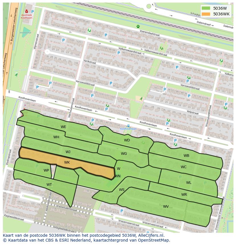 Afbeelding van het postcodegebied 5036 WK op de kaart.