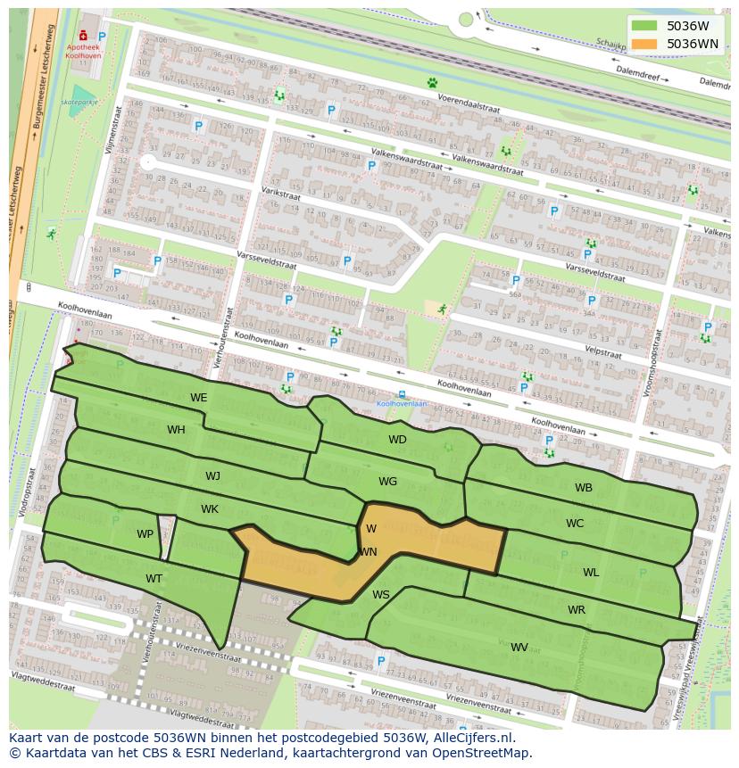 Afbeelding van het postcodegebied 5036 WN op de kaart.