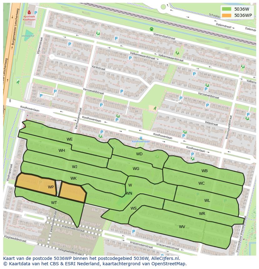 Afbeelding van het postcodegebied 5036 WP op de kaart.