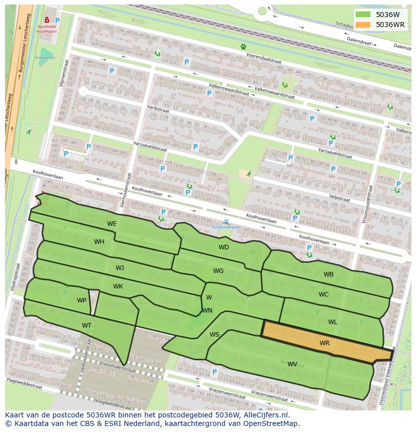 Afbeelding van het postcodegebied 5036 WR op de kaart.