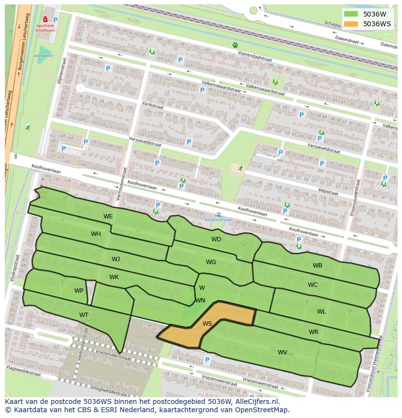 Afbeelding van het postcodegebied 5036 WS op de kaart.