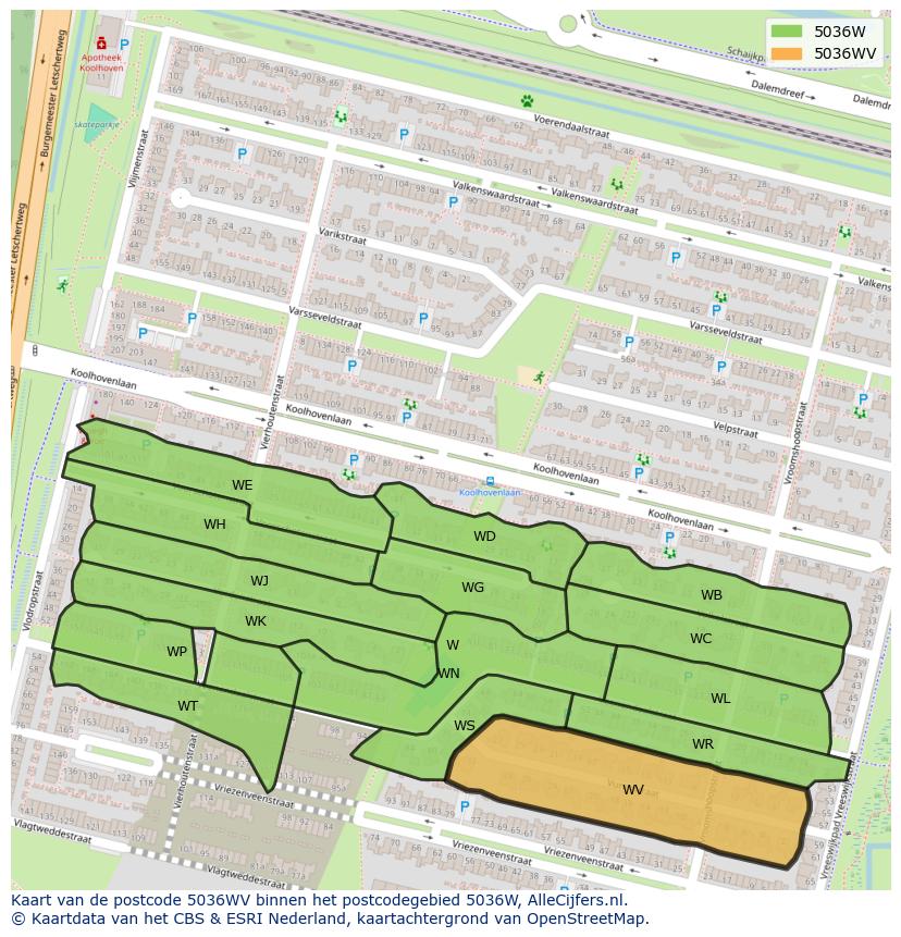Afbeelding van het postcodegebied 5036 WV op de kaart.
