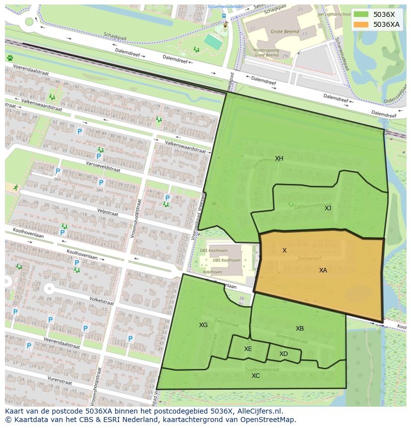 Afbeelding van het postcodegebied 5036 XA op de kaart.