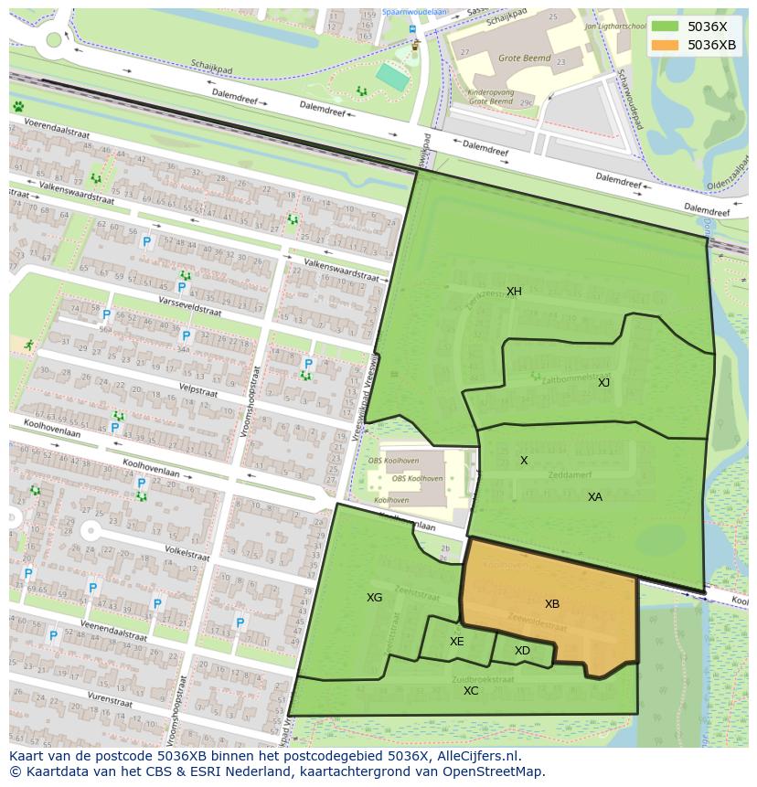 Afbeelding van het postcodegebied 5036 XB op de kaart.