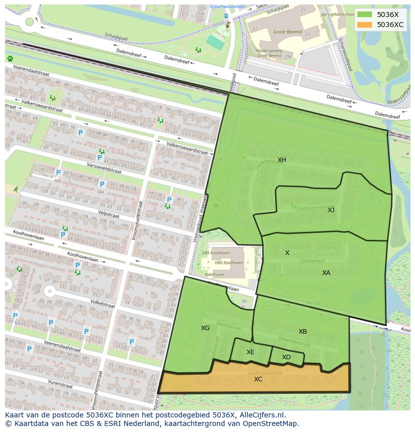 Afbeelding van het postcodegebied 5036 XC op de kaart.
