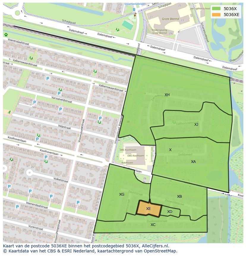 Afbeelding van het postcodegebied 5036 XE op de kaart.
