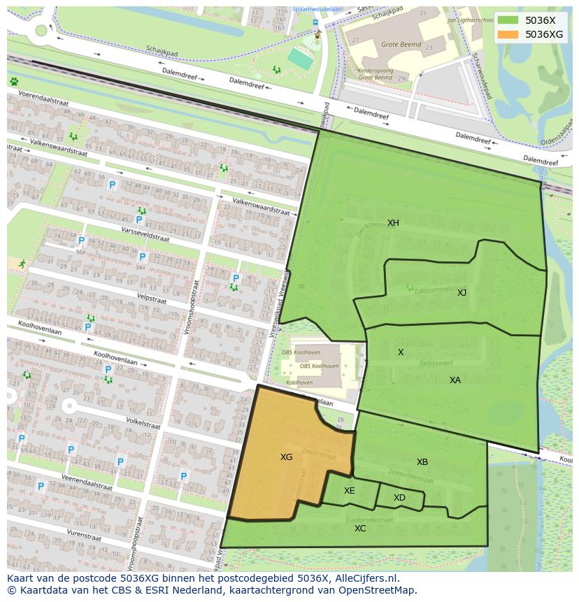 Afbeelding van het postcodegebied 5036 XG op de kaart.