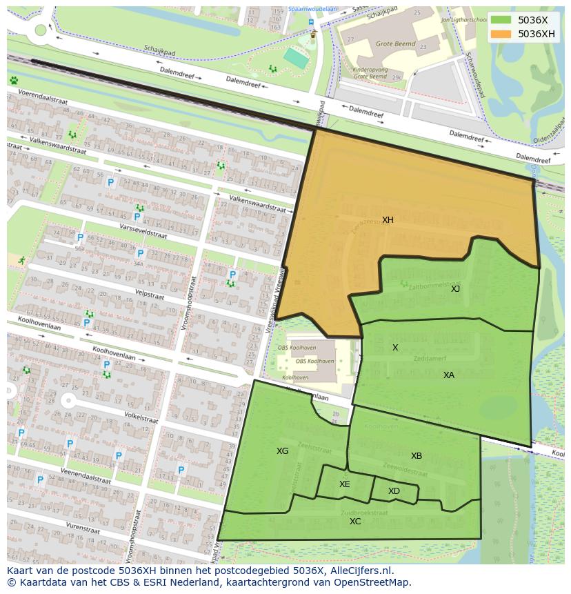 Afbeelding van het postcodegebied 5036 XH op de kaart.