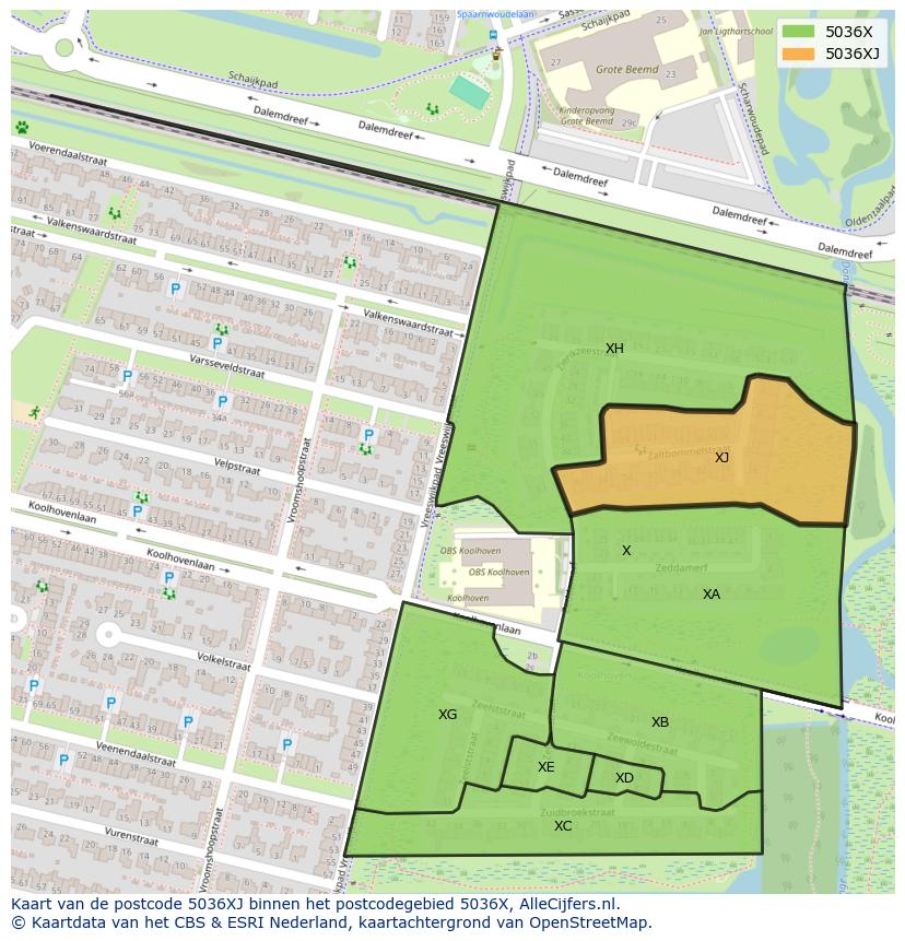 Afbeelding van het postcodegebied 5036 XJ op de kaart.