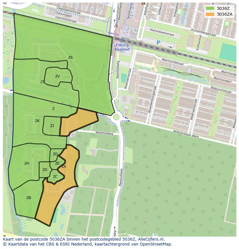 Afbeelding van het postcodegebied 5036 ZA op de kaart.