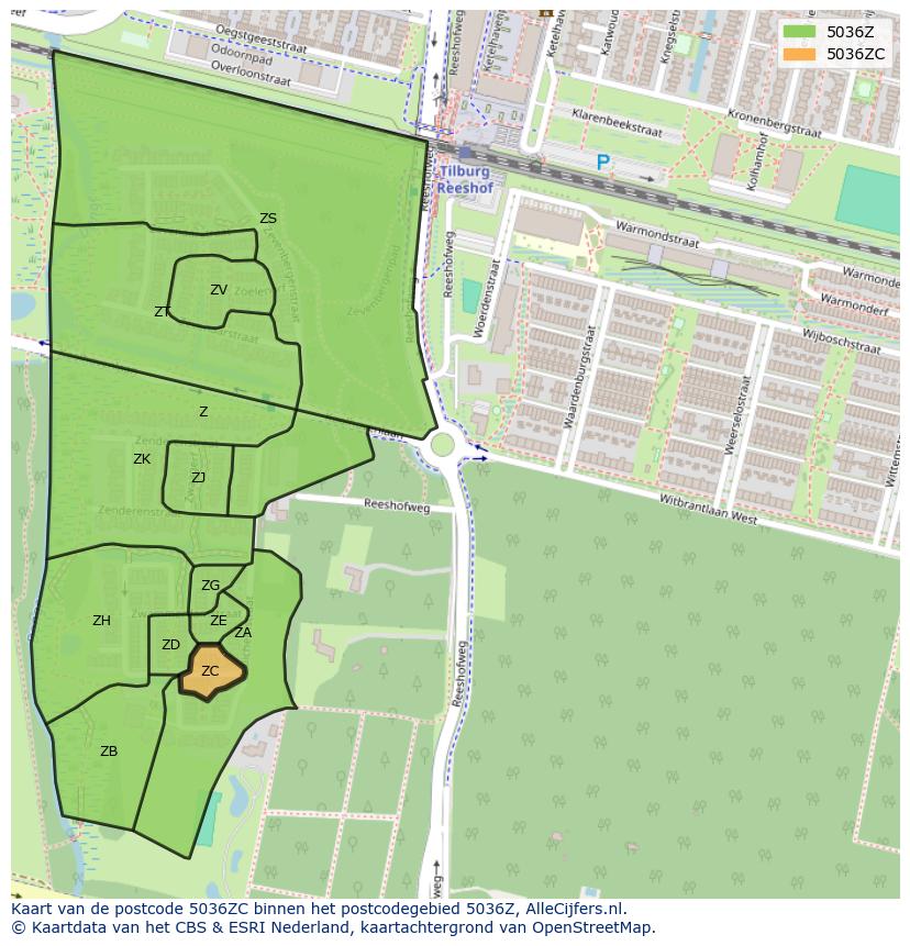Afbeelding van het postcodegebied 5036 ZC op de kaart.