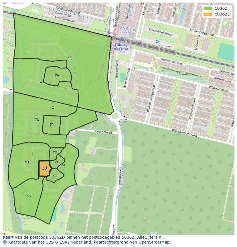 Afbeelding van het postcodegebied 5036 ZD op de kaart.