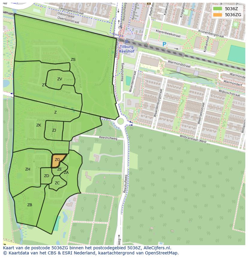Afbeelding van het postcodegebied 5036 ZG op de kaart.