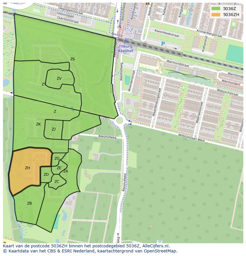 Afbeelding van het postcodegebied 5036 ZH op de kaart.