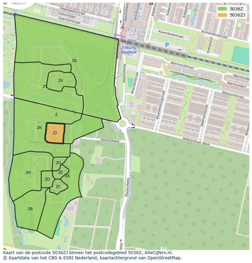 Afbeelding van het postcodegebied 5036 ZJ op de kaart.