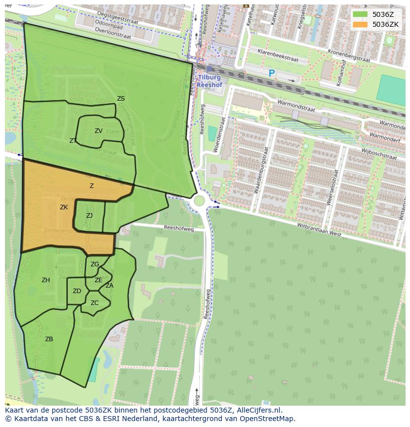 Afbeelding van het postcodegebied 5036 ZK op de kaart.