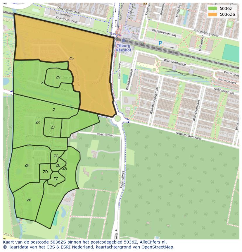 Afbeelding van het postcodegebied 5036 ZS op de kaart.