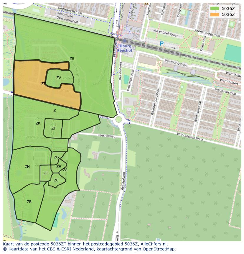 Afbeelding van het postcodegebied 5036 ZT op de kaart.