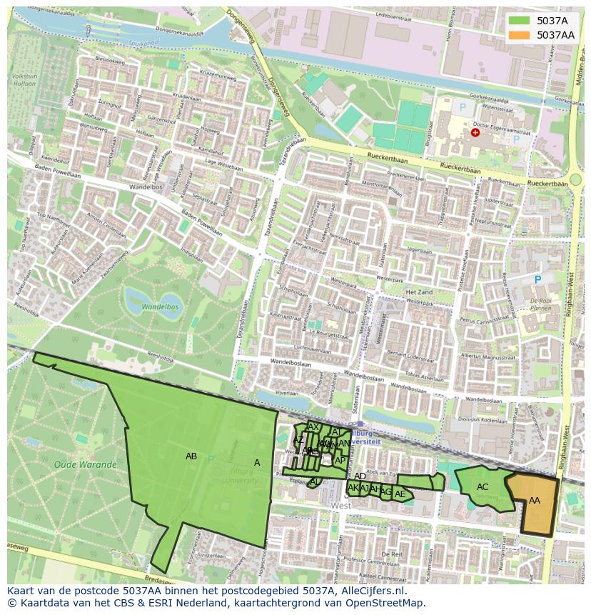 Afbeelding van het postcodegebied 5037 AA op de kaart.