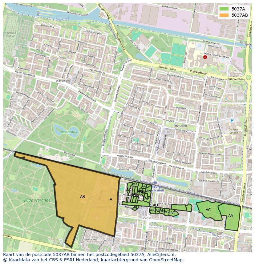 Afbeelding van het postcodegebied 5037 AB op de kaart.