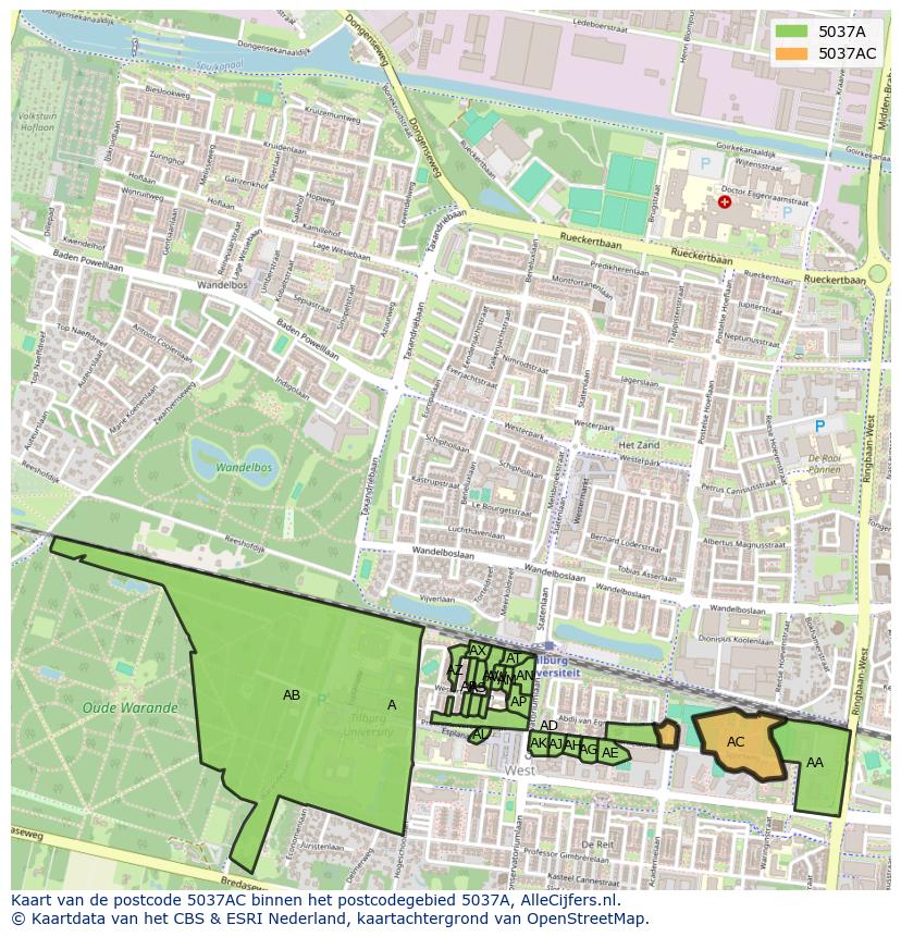 Afbeelding van het postcodegebied 5037 AC op de kaart.