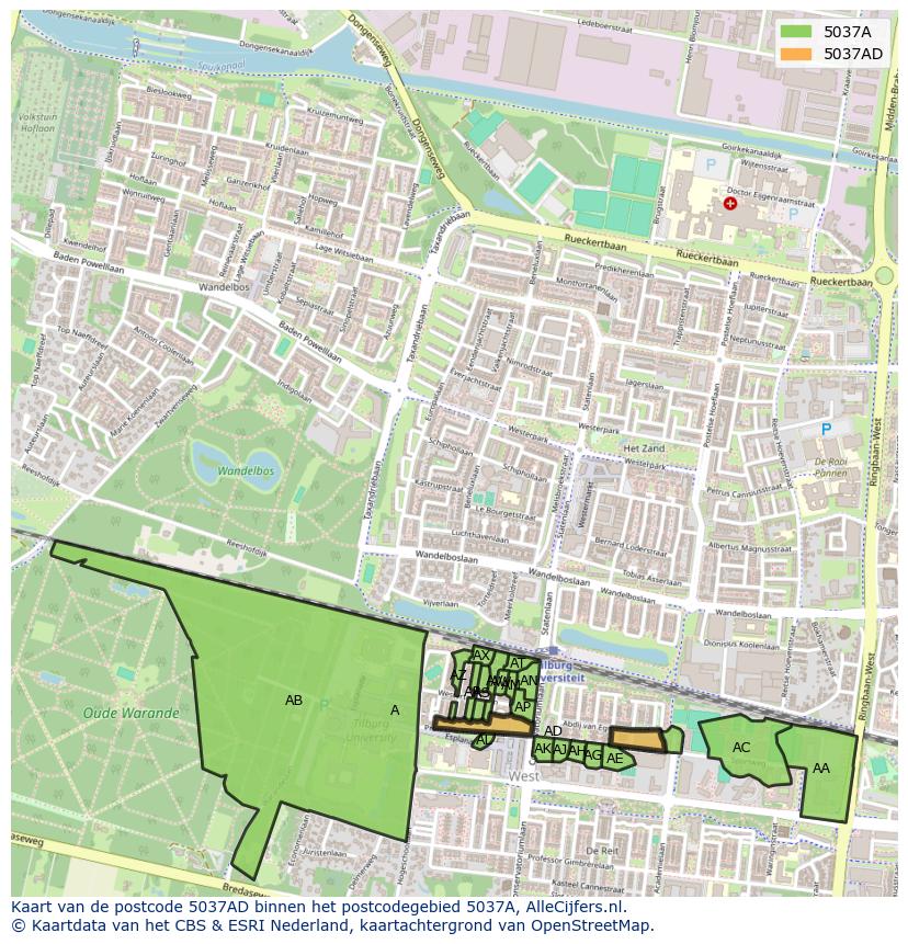 Afbeelding van het postcodegebied 5037 AD op de kaart.