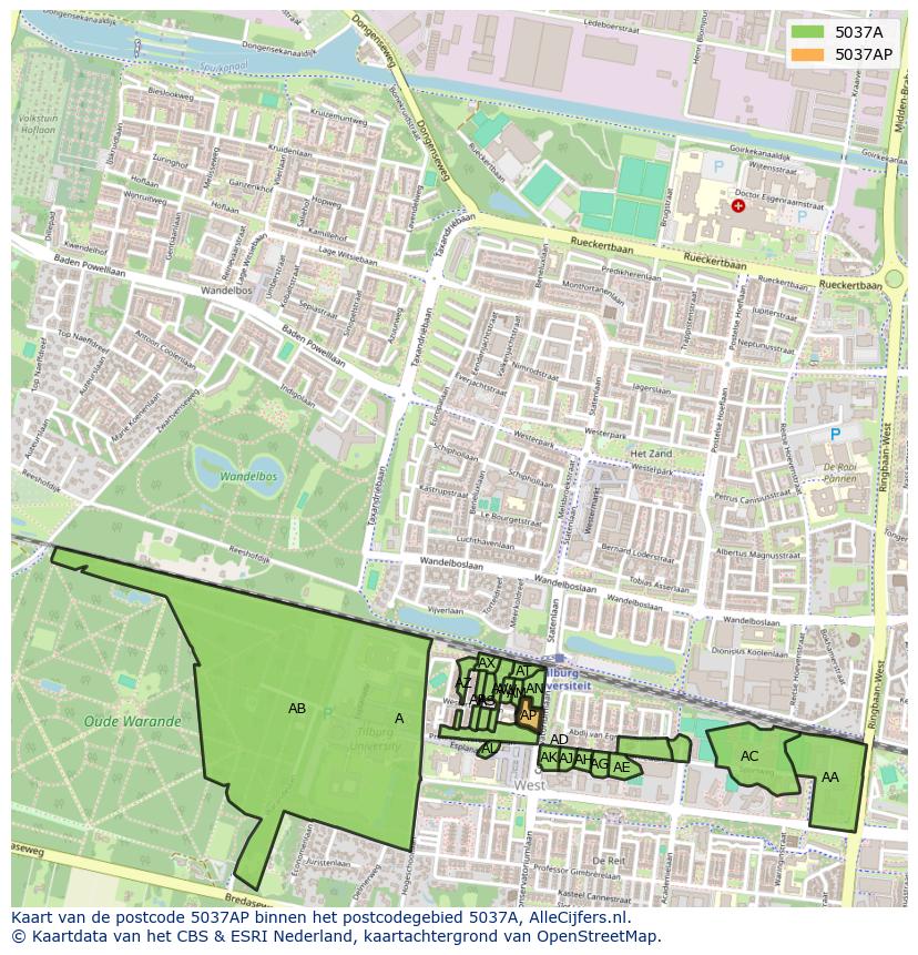 Afbeelding van het postcodegebied 5037 AP op de kaart.