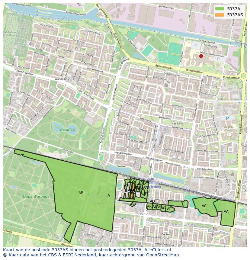 Afbeelding van het postcodegebied 5037 AS op de kaart.