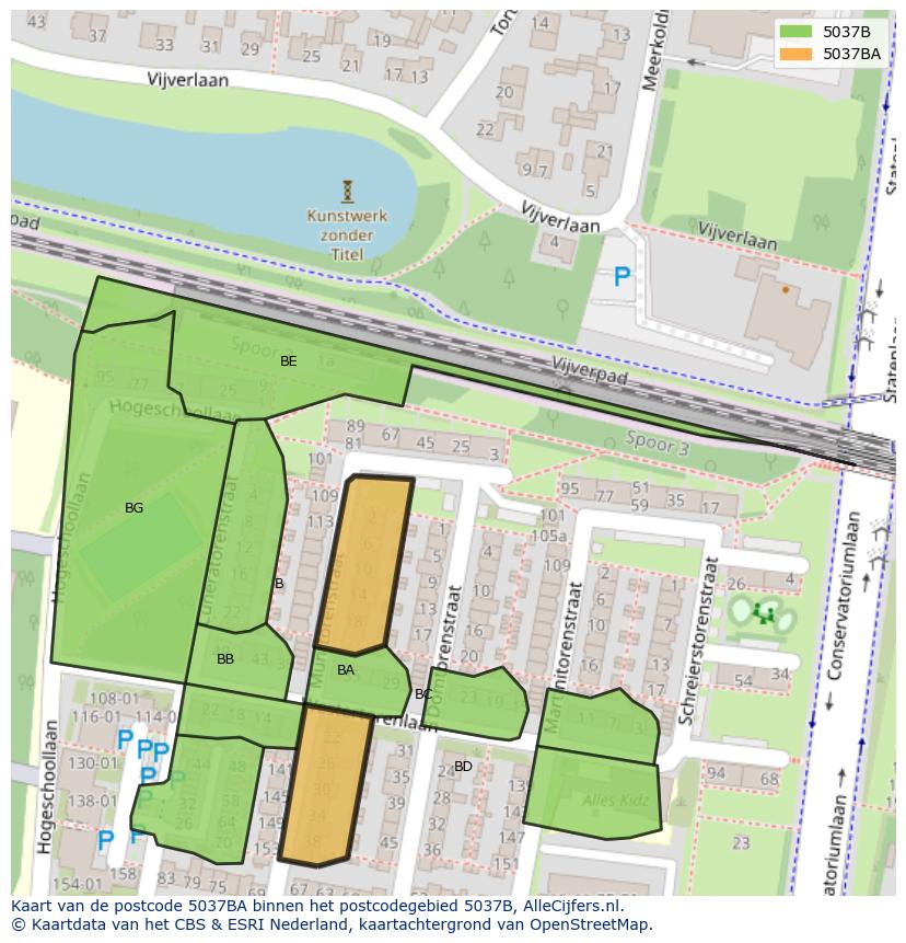 Afbeelding van het postcodegebied 5037 BA op de kaart.