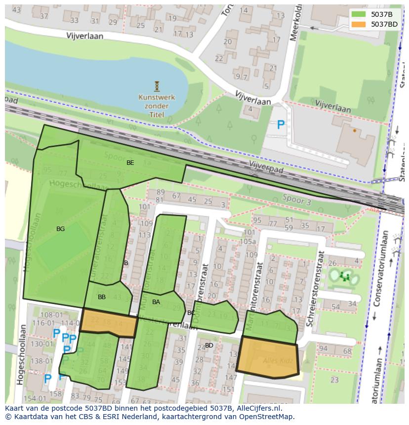 Afbeelding van het postcodegebied 5037 BD op de kaart.