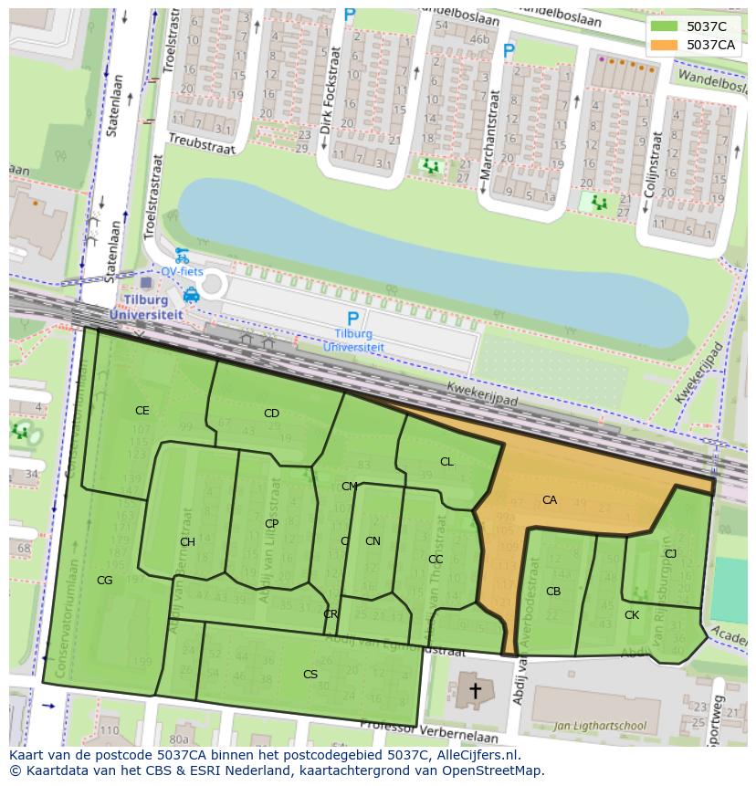 Afbeelding van het postcodegebied 5037 CA op de kaart.