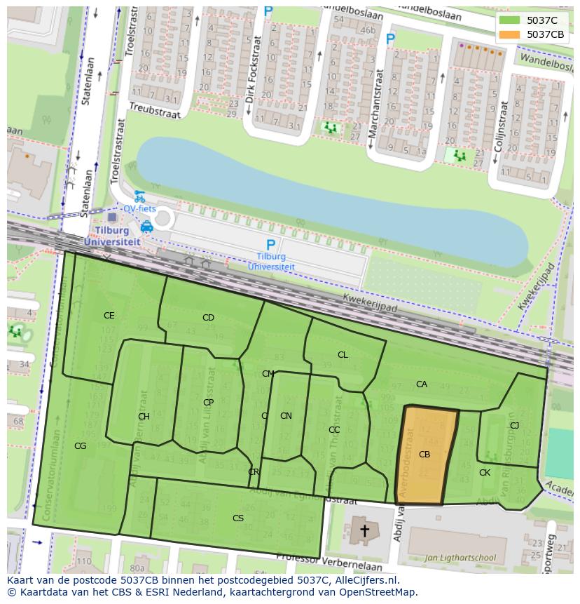 Afbeelding van het postcodegebied 5037 CB op de kaart.