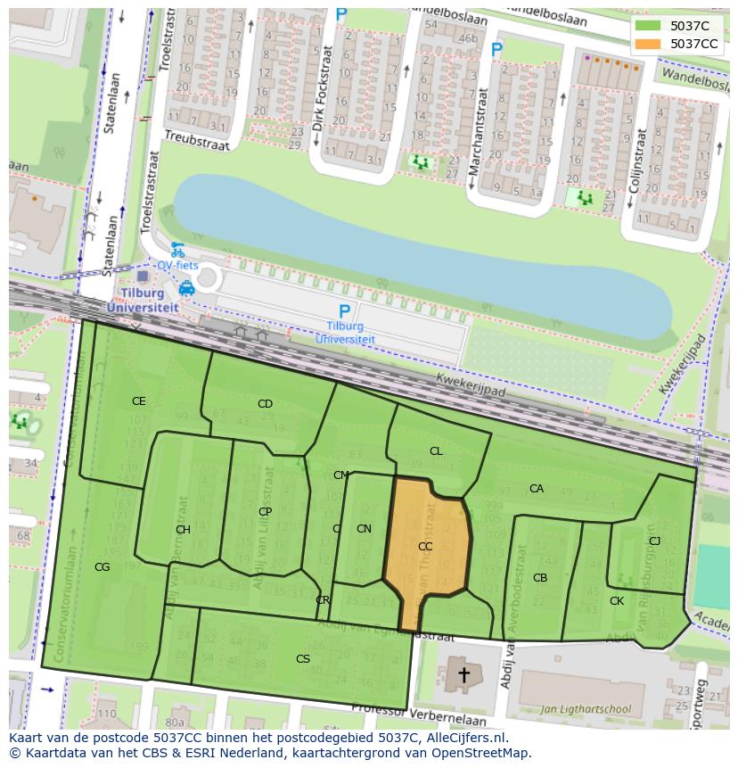 Afbeelding van het postcodegebied 5037 CC op de kaart.