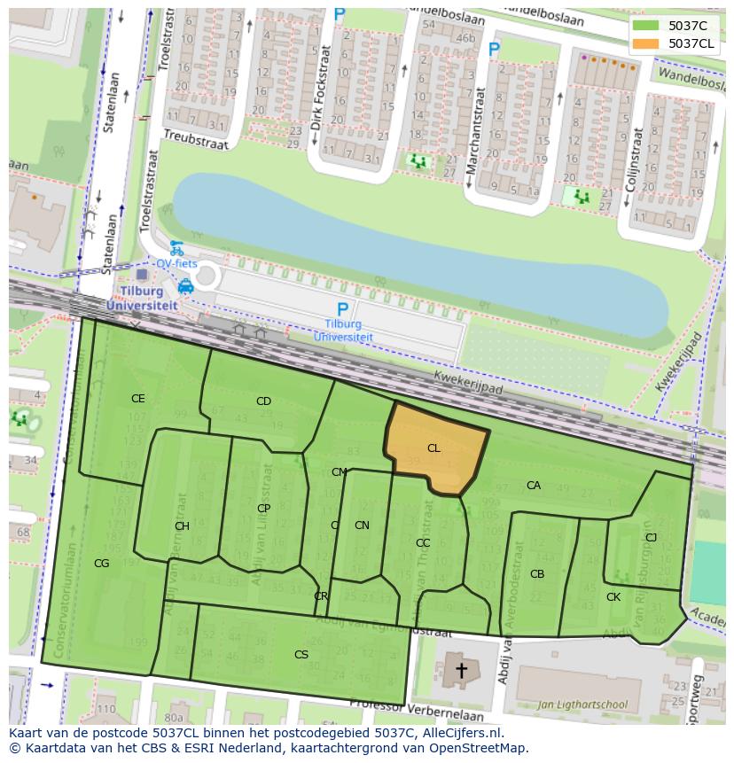 Afbeelding van het postcodegebied 5037 CL op de kaart.